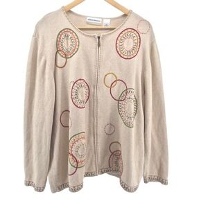 Alfred Dunner Sz 2X Beige Embroidered Zip Up Cardigan Sweater Circles Cozy Layer